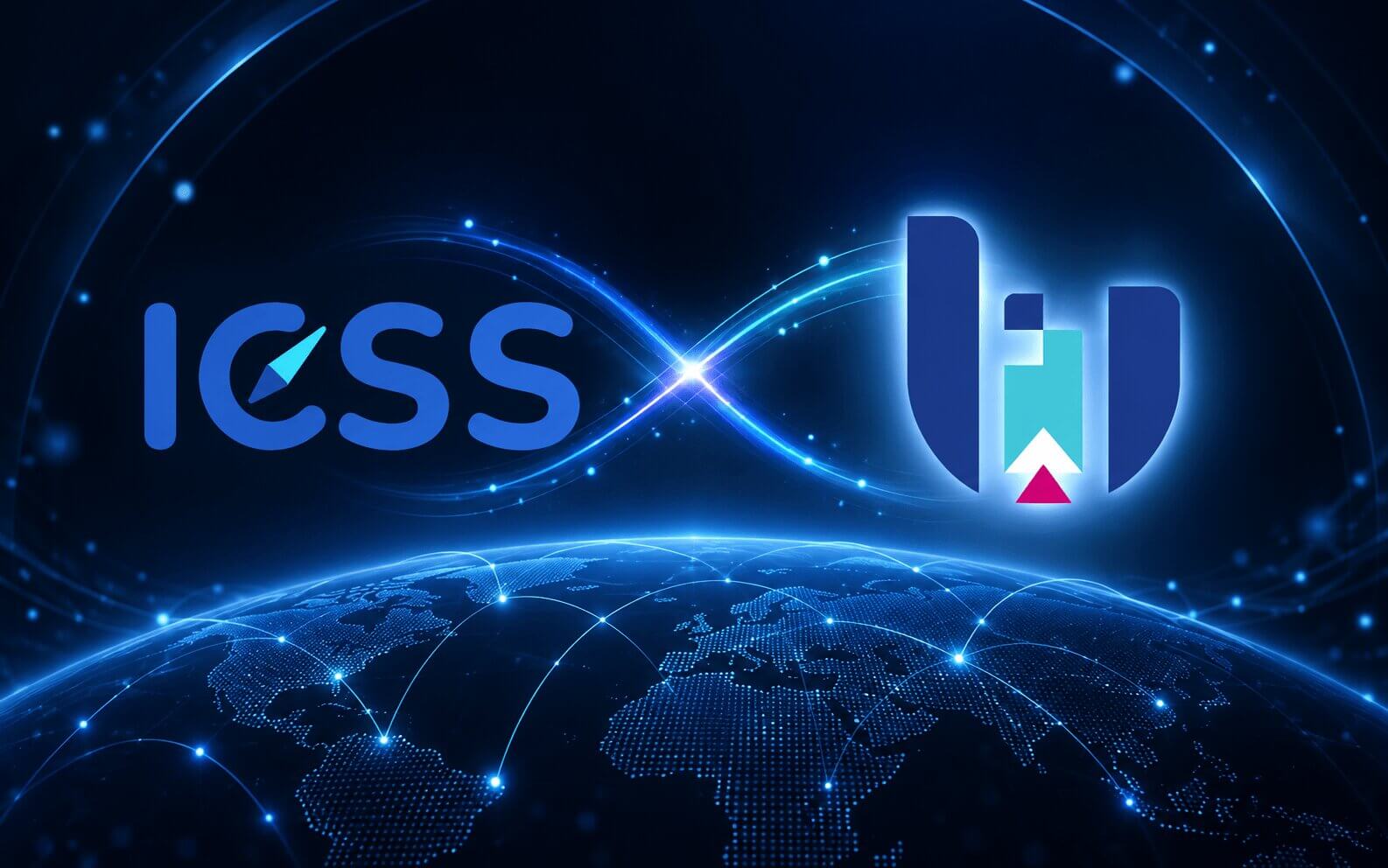 The ICSS and Bayanat Al Bayan logos joined by a band of light above a connected globe
